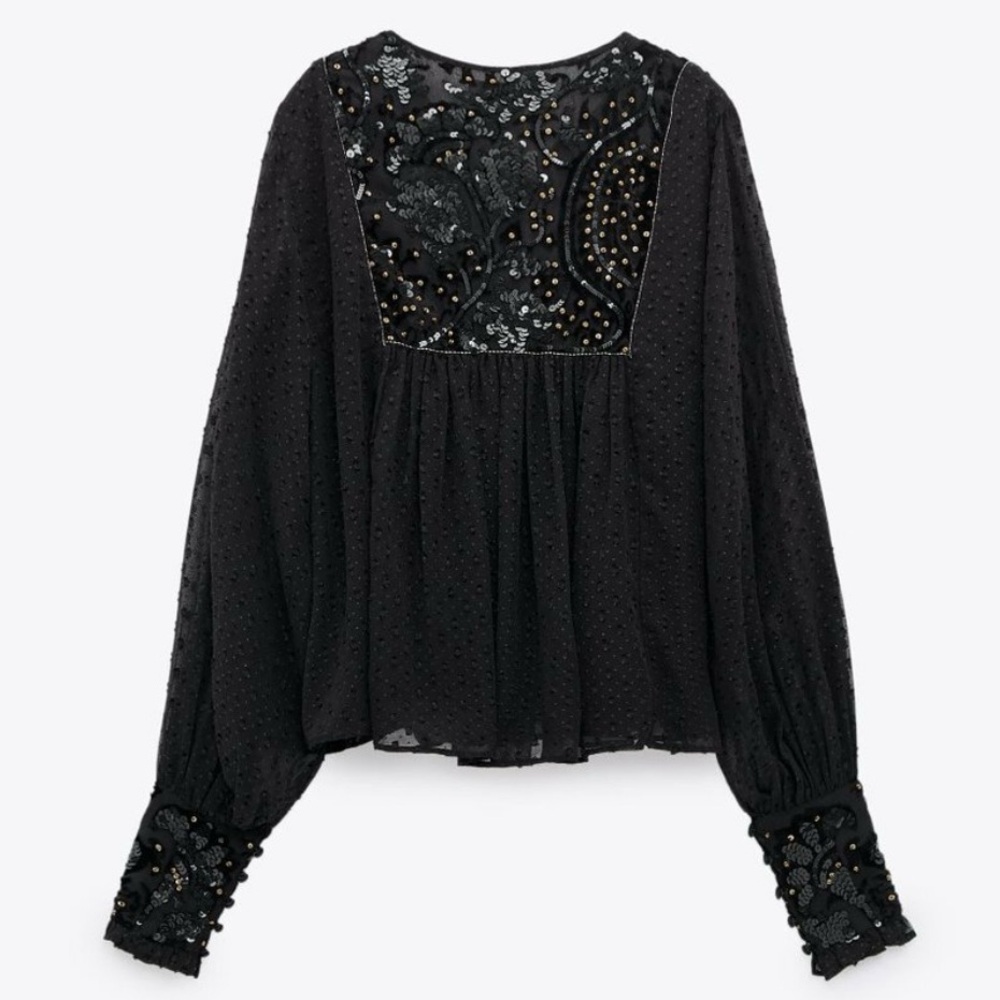 Zara Black Sequin Embellished Blouse - Picture 2 of 16